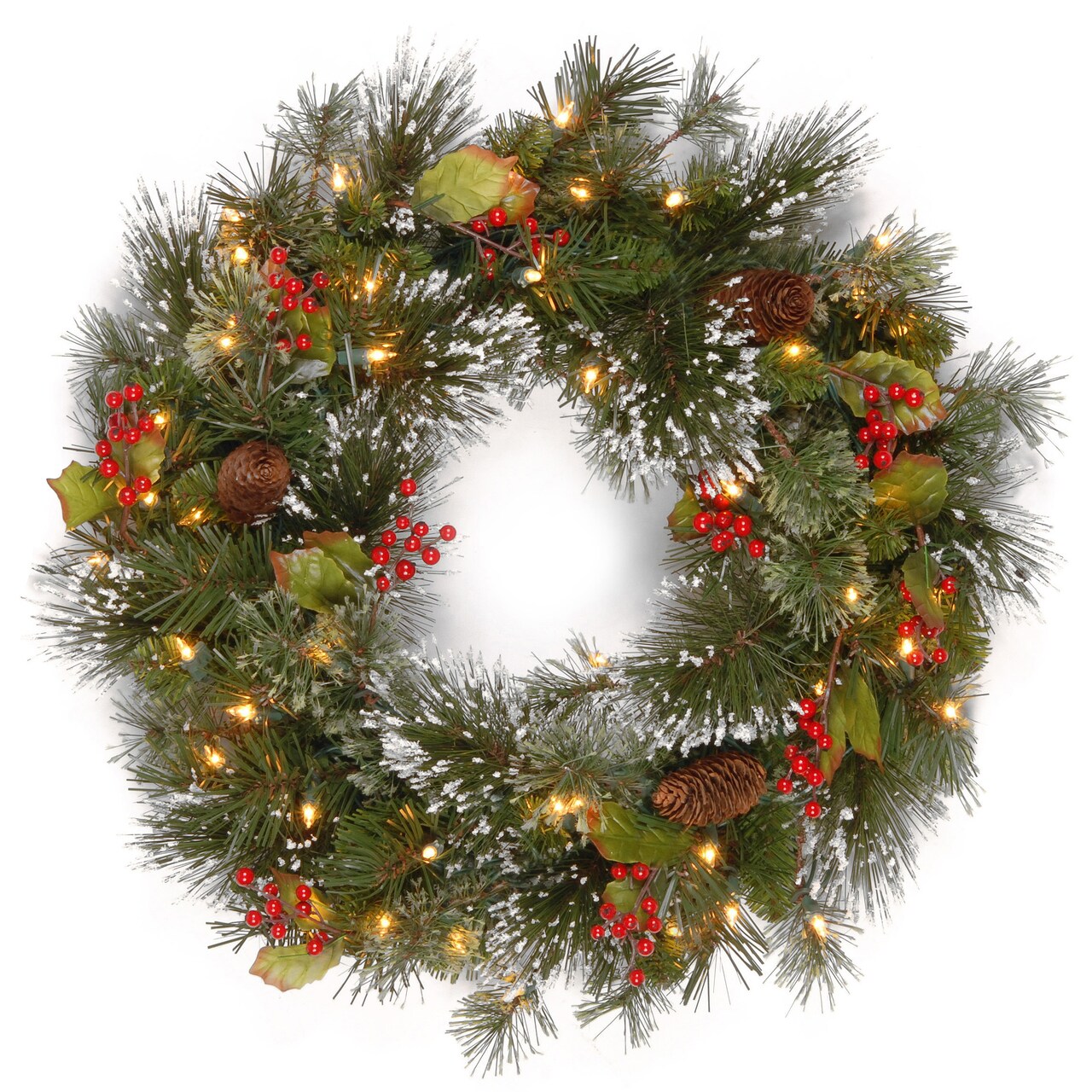 National Tree Company Pre-Lit Artificial Christmas Wreath, Green, Wintry Pine, White Lights, Decorated with Pine Cones, Berry Clusters, Frosted Branches, Christmas Collection, 24 Inches